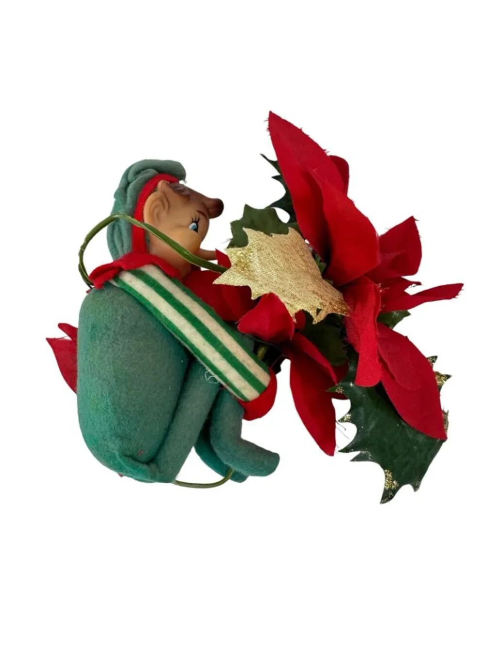 Knee Hugger Pixie Elf Holiday Christmas Decoration Silk Poinsettia Vintage 1960s